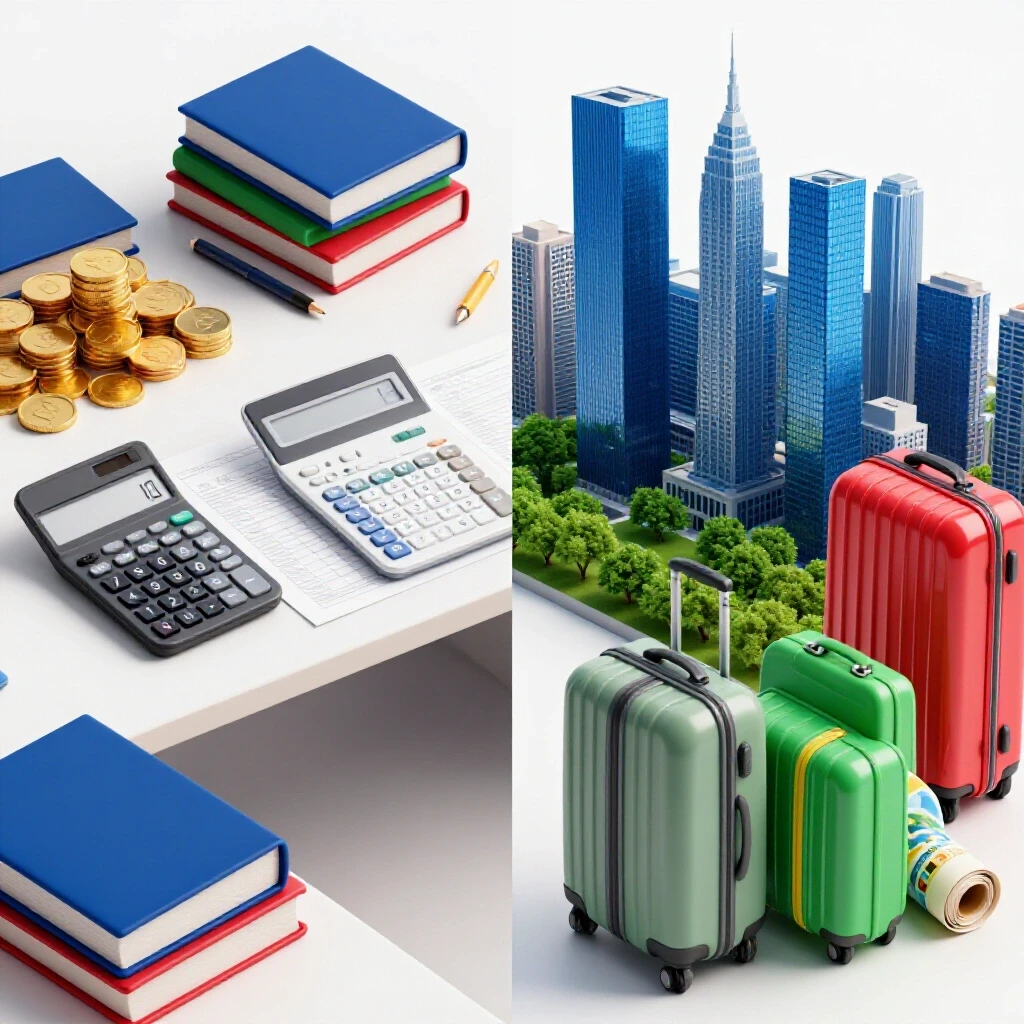 Colorful split scene showing financial planning tools and coins beside a city skyline with suitcases.