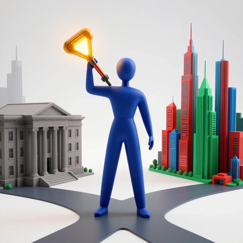 An abstract figure forges a luminous tool at a crossroads between a fading academic building and a vibrant, futuristic city.