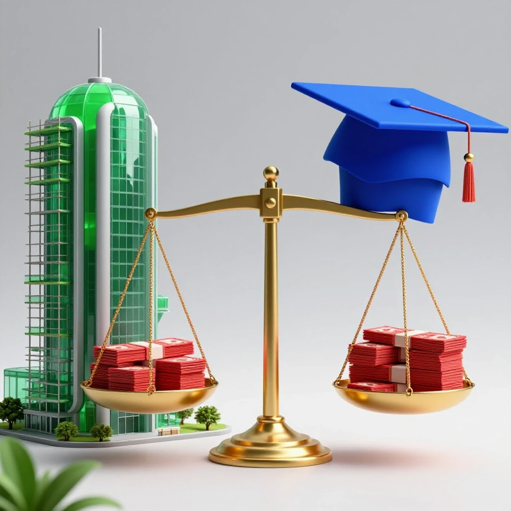 Split scene of an eco-friendly building under construction and a gold scale balancing a graduation cap and money stacks.