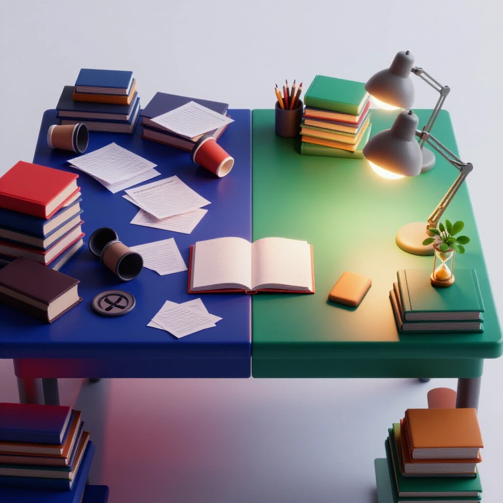 A college desk split in half: one side chaotic and dark, the other calm and organized under bright lighting.