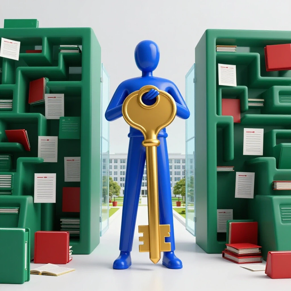 Confident abstract figure with a gold key standing between financial document maze and open campus on bright background.