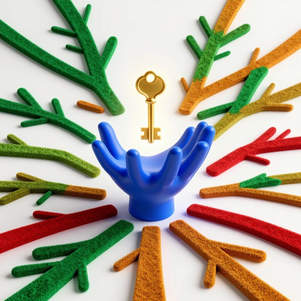A glowing gold key descends into an open blue hand, surrounded by colorful branching pathways on a bright background.