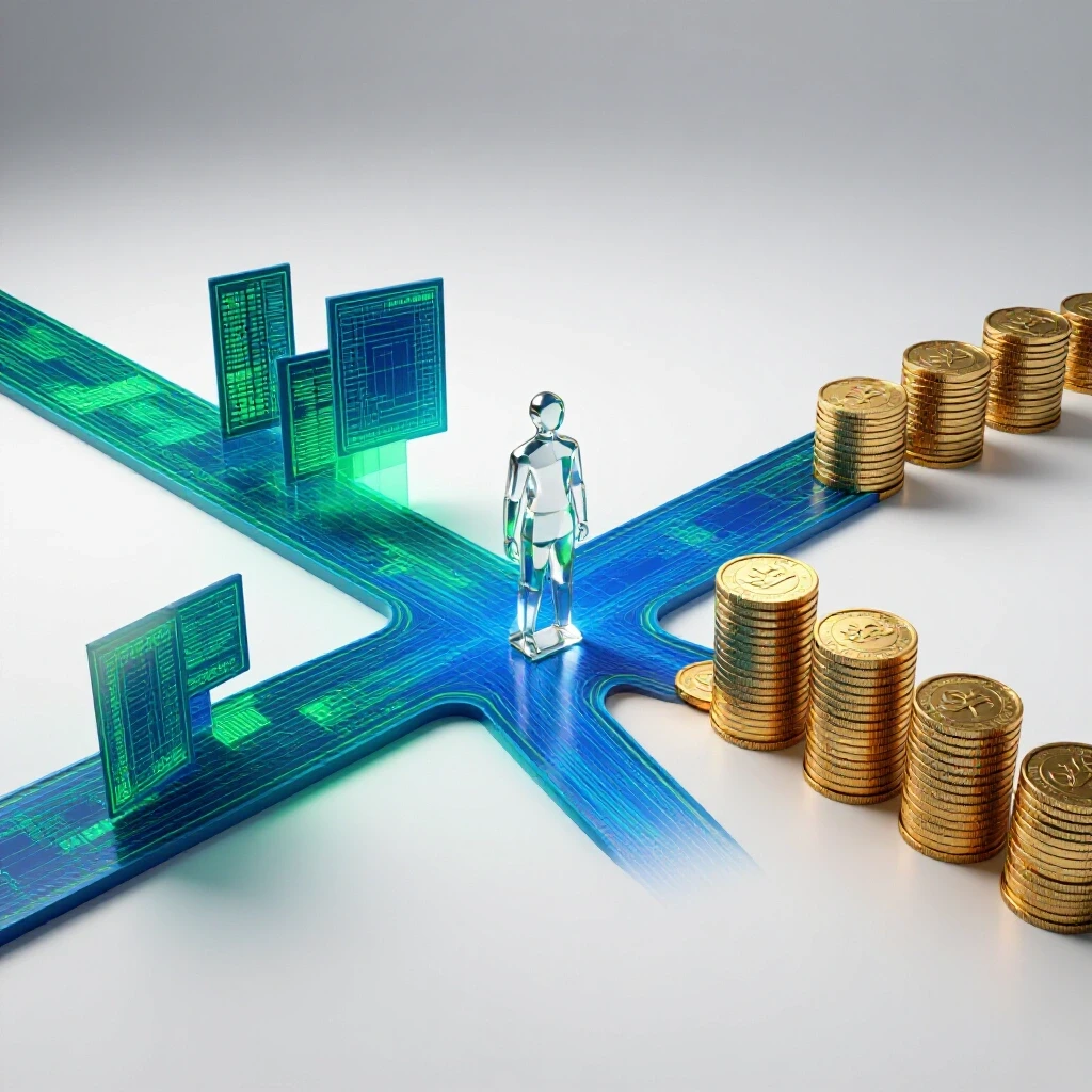 A glowing crossroads with abstract data visualizations on one path, rising gold coins on another, and a glass-like figure at the center, all set against a bright white background.