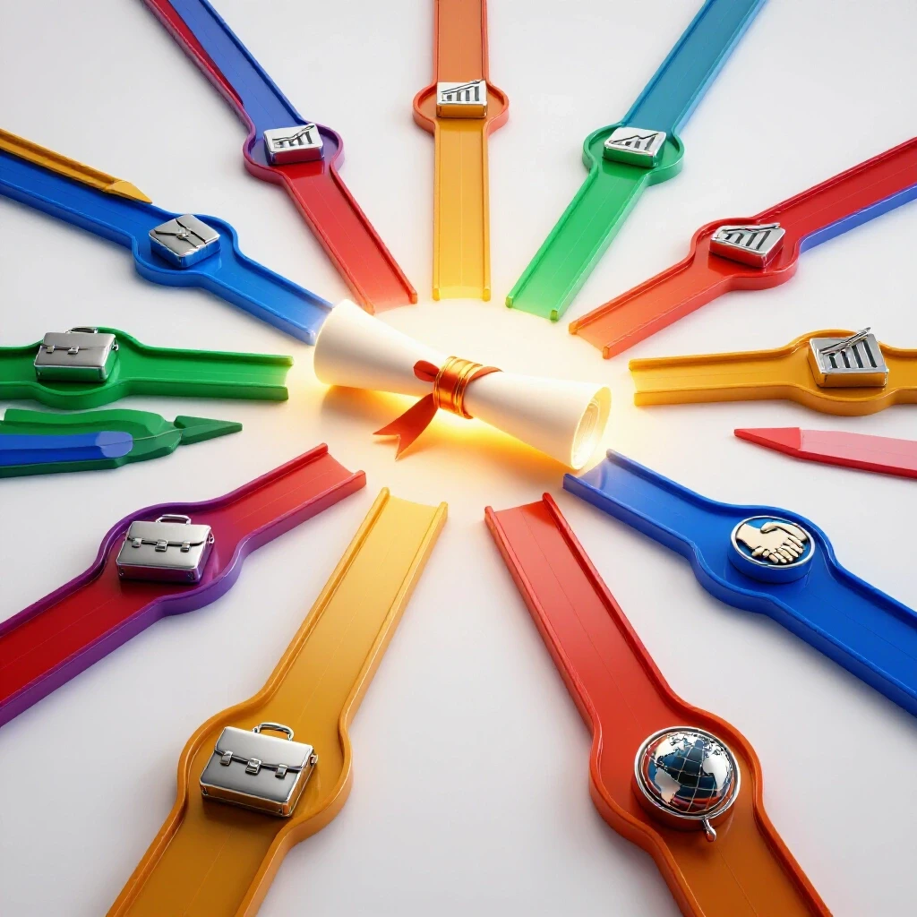 Glossy colored business icons on branching pathways converging toward a glowing central diploma on a bright background.