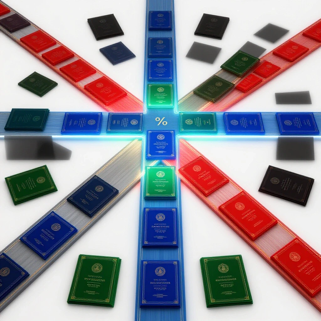 Colorful glowing certificates at a crossroads, contrasting with shadowy unclear paths on a bright background.