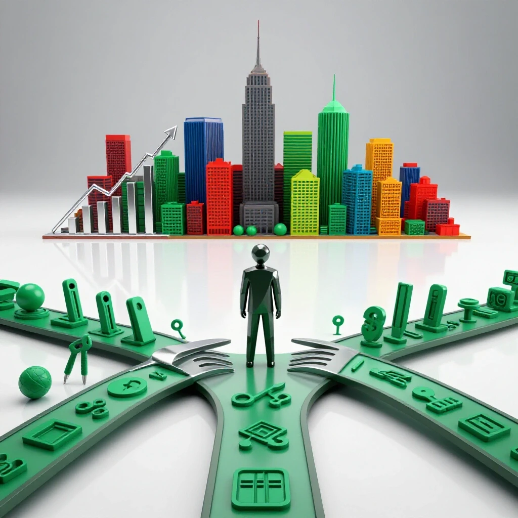 Glossy forked path with city skyline and creative tools symbolizing business degree choices