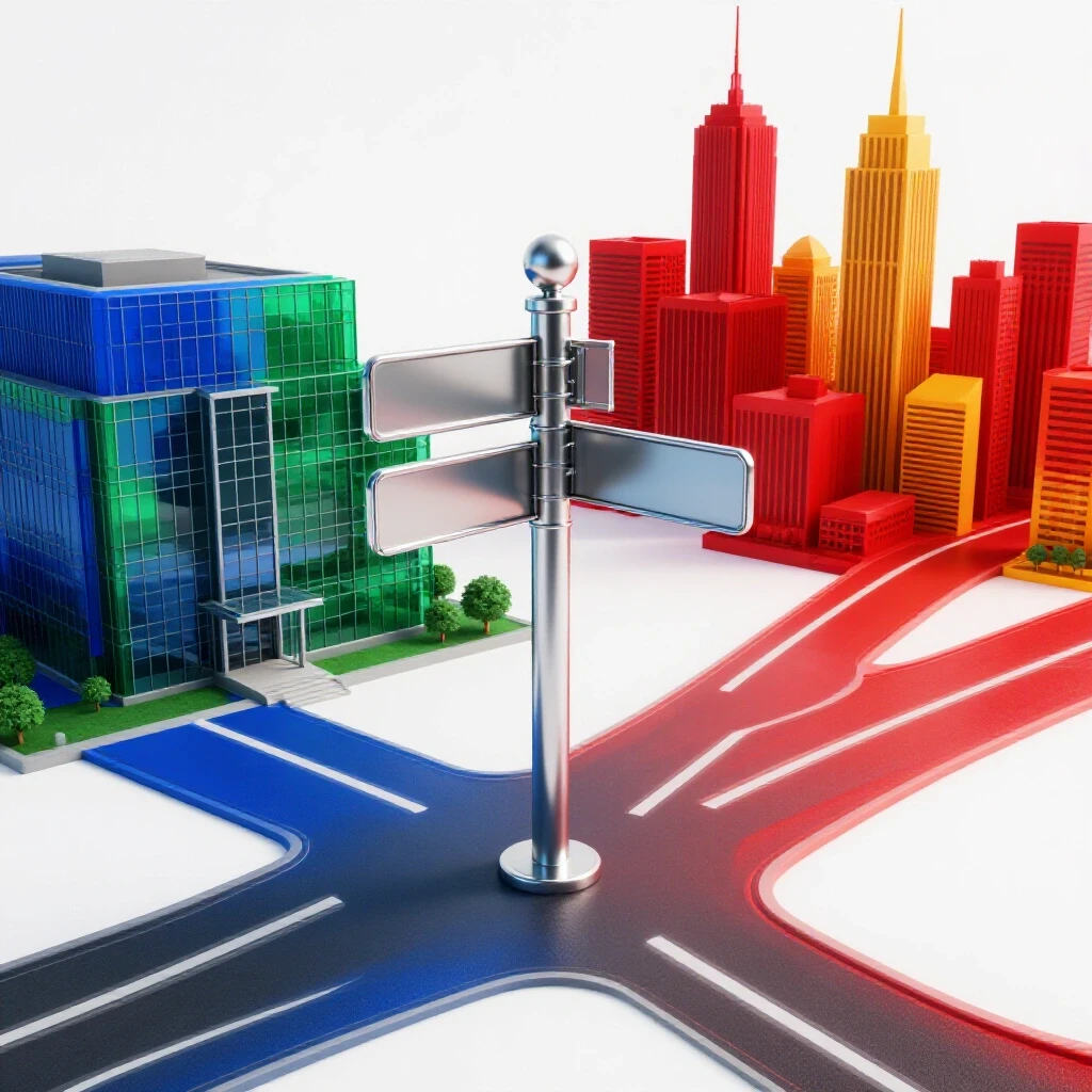 Glossy signpost at crossroads between colorful campus building and city skyline on bright background