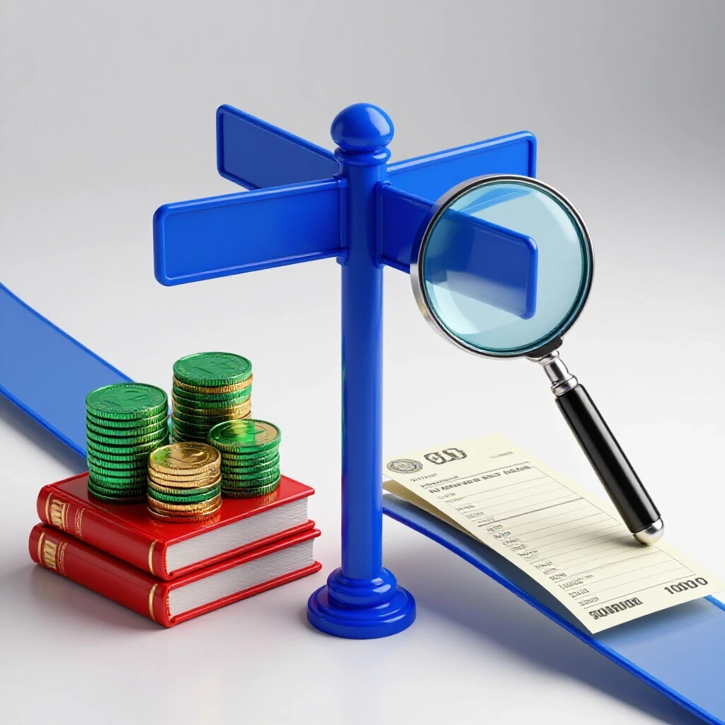 Two divergent paths at a crossroads, one leading to stacked coins and books, the other to a magnifying glass examining a receipt, on a bright background.