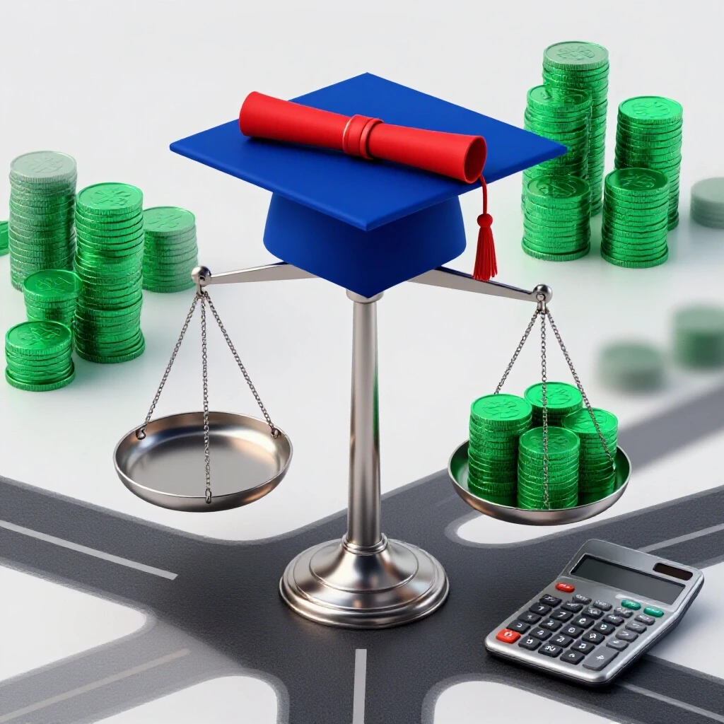 A metallic scale balancing a graduation cap and diploma against coins and a calculator, symbolizing educational investment and financial returns.