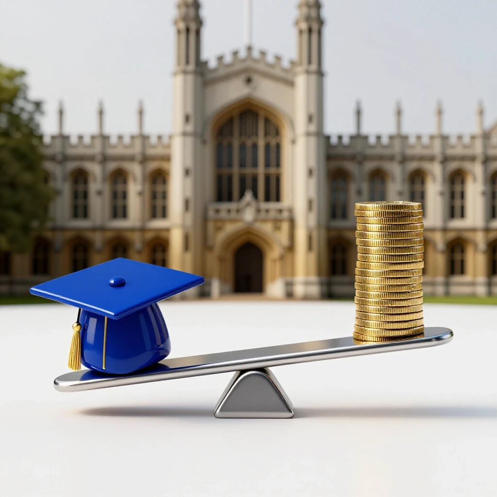 A metallic seesaw balances a royal blue Cambridge graduation cap against a stack of gold coins, set before Cambridge University's iconic architecture on a bright white background.