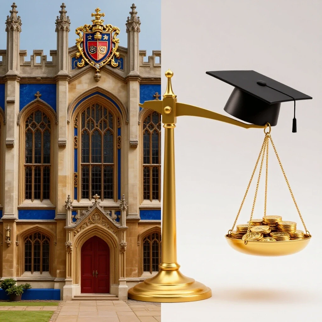 Split image showing ornate Cambridge university architecture beside a gold scale weighing a graduation cap against coins.