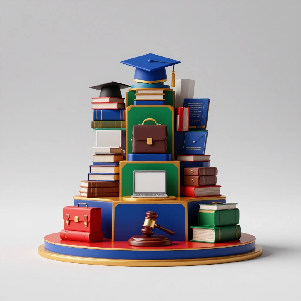 Sculptural staircase with layered podium tiers, each holding symbolic campus role objects on a bright background.