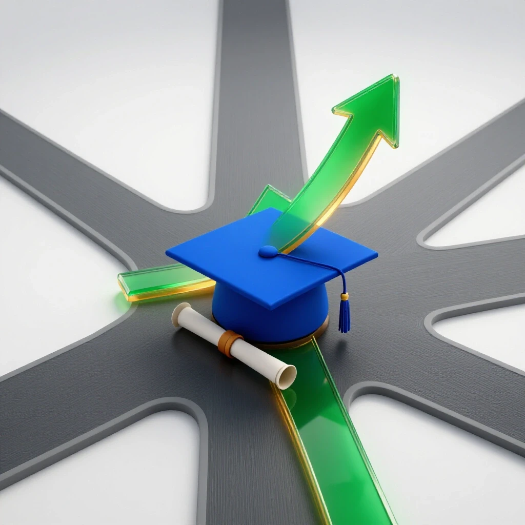 Glossy graduation cap at crossroads with bright upward graph and fading uncertain path on white background.