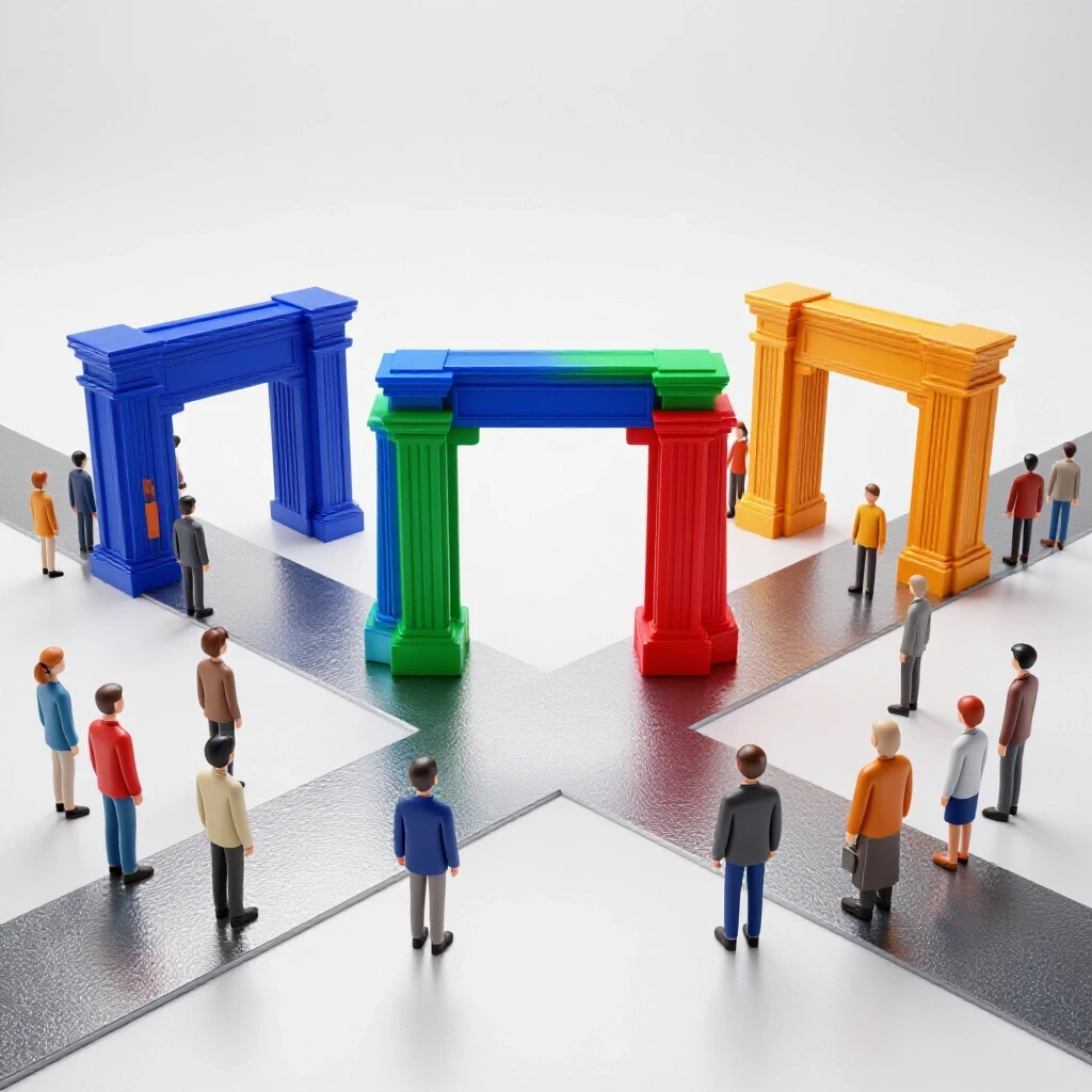 Crossroads with vibrant colored campus gateways and abstract student groups on a bright white background
