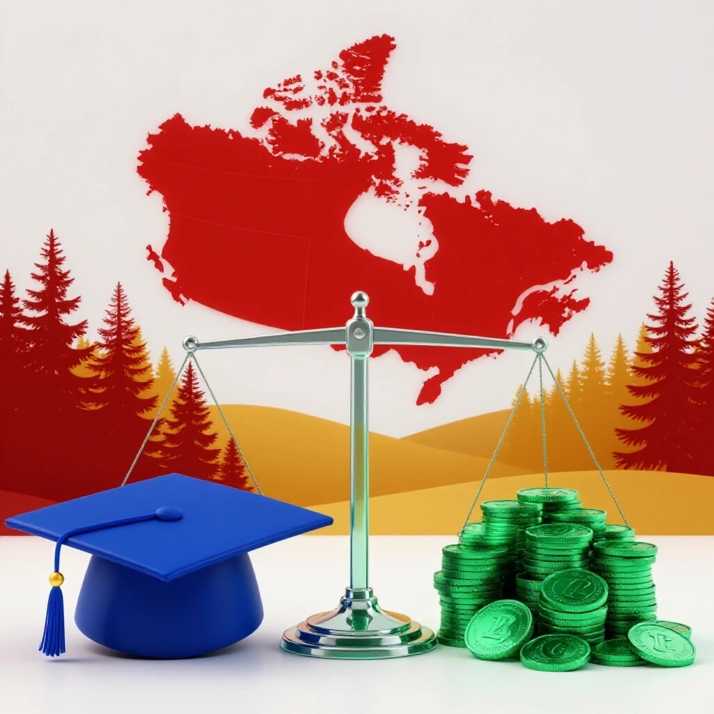 Graduation cap and pile of coins balanced on a scale with Canadian landscape backdrop on white.
