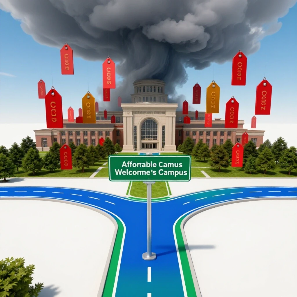 A crossroads with vibrant paths: one leading to a bright, affordable campus, the other toward a stormy university with large price tags.