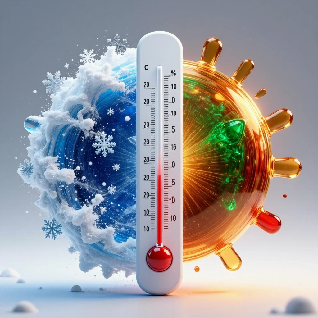 A dramatic thermometer bridges a snowy, icy storm and a vibrant, warm environment, symbolizing temperature change.