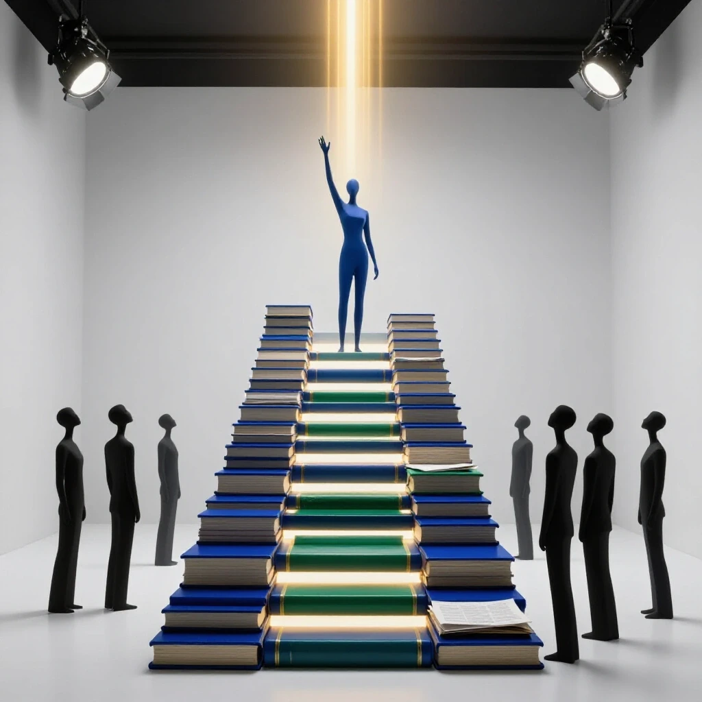 Abstract figure atop a staircase of papers and books reaching for radiant light, others looking up in awe.