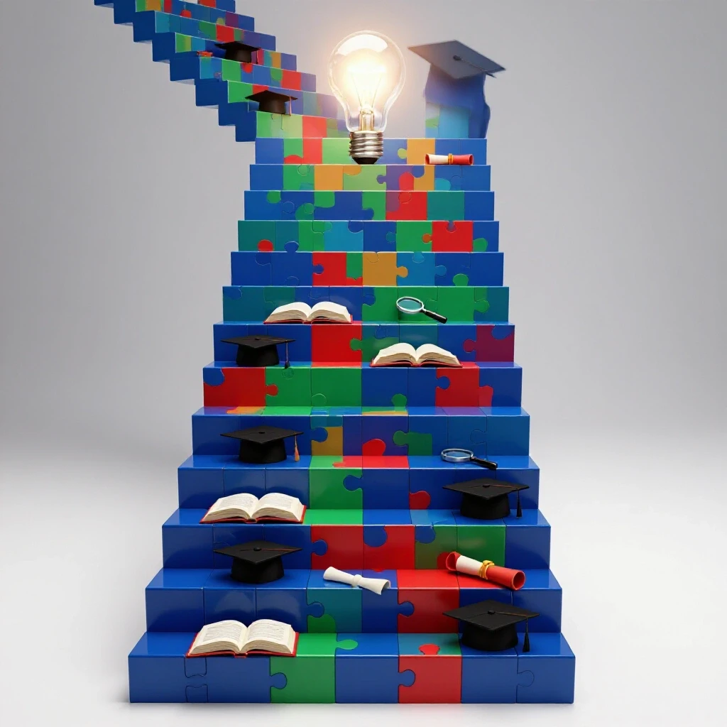 A winding staircase made of colorful puzzle pieces ascends toward a glowing lightbulb, surrounded by academic symbols.