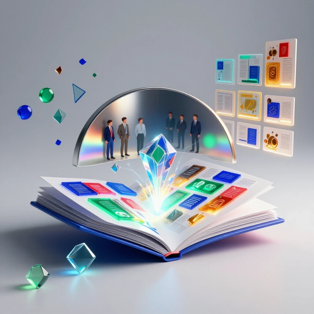 A vibrant portfolio with glowing project elements impressing an abstract panel, set in a bright studio background
