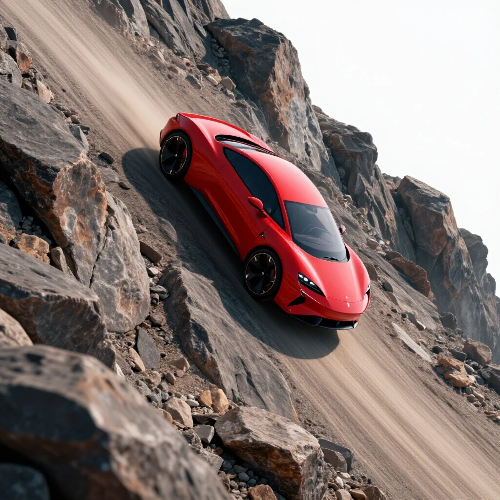 A sleek crimson car ascends a steep rocky slope under bright lighting, highlighting futuristic design and rugged terrain.