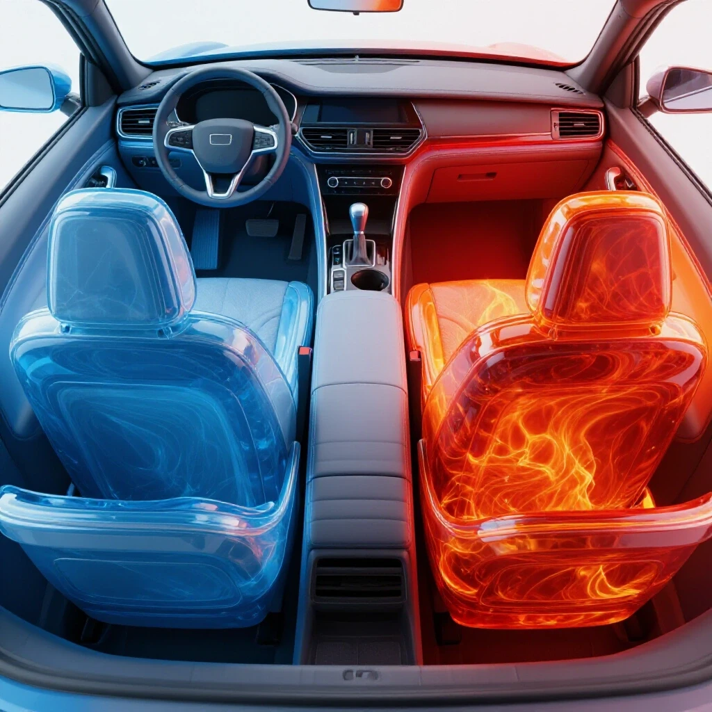 Car interior split in half with one side cool blue and the other fiery red-orange, highlighting temperature contrast.