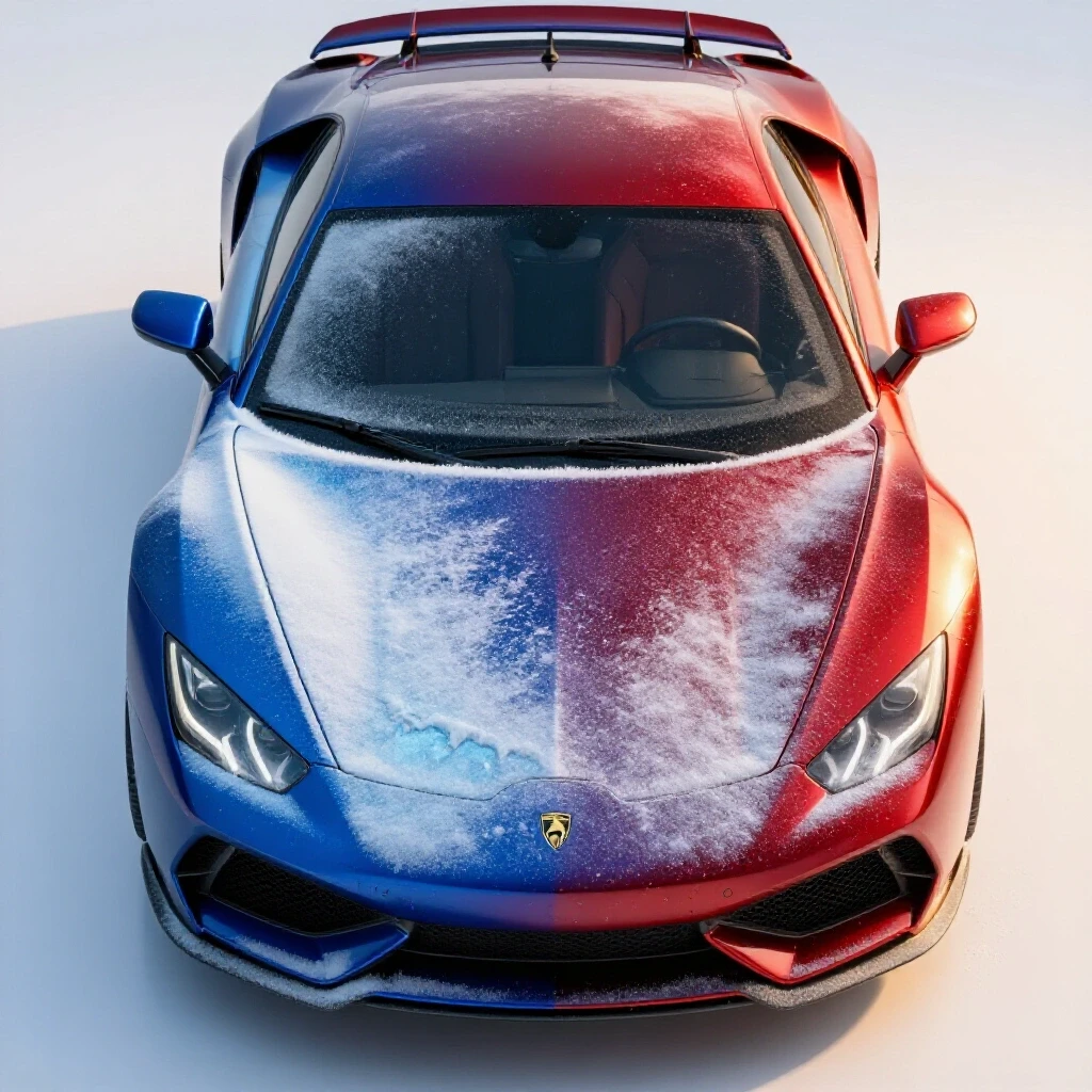 Vibrant metallic car half-covered in melting frost, one side bathed in warm sunlight, set in a bright studio background.