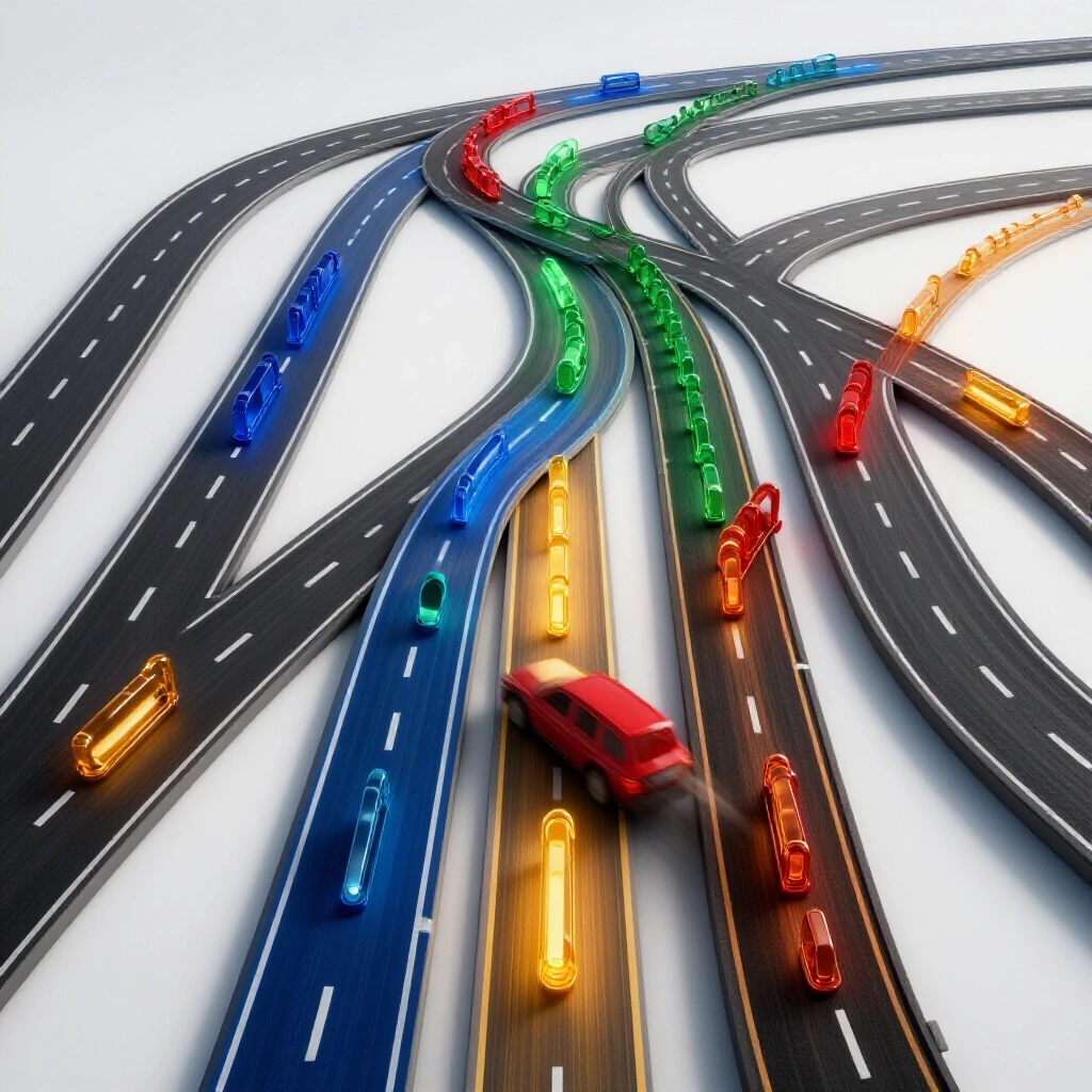 Vivid 3D winding road splitting into colored lanes, each marked by distinct checkpoints, on a bright background.
