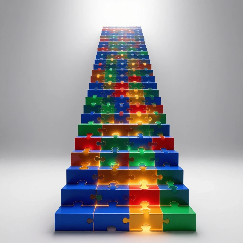 Staircase of glowing, interlocking puzzle pieces in rich colors ascending toward a bright horizon, symbolizing career capital.