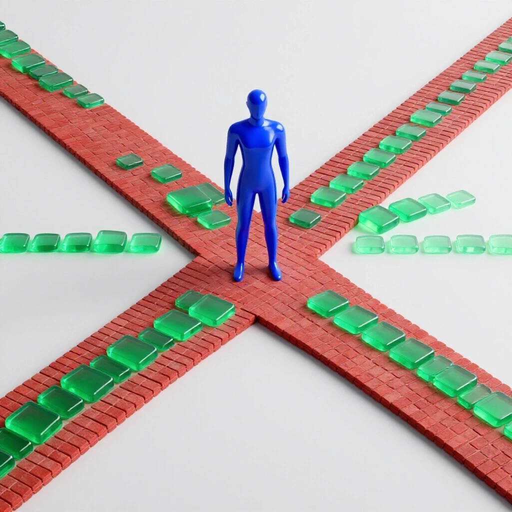 A confident abstract figure stands centered at a vivid crossroads: one path made of traditional red bricks, the other glowing green stepping stones, symbolizing career change.