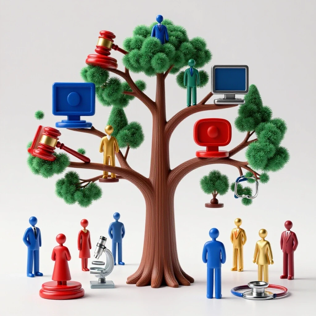 Bright scene showing a colorful tree with branching paths leading to glossy career symbols on a white background.