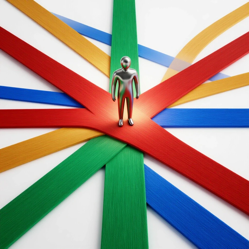 A central abstract figure stands at a crossroads where vibrant paths diverge toward bright new horizons.