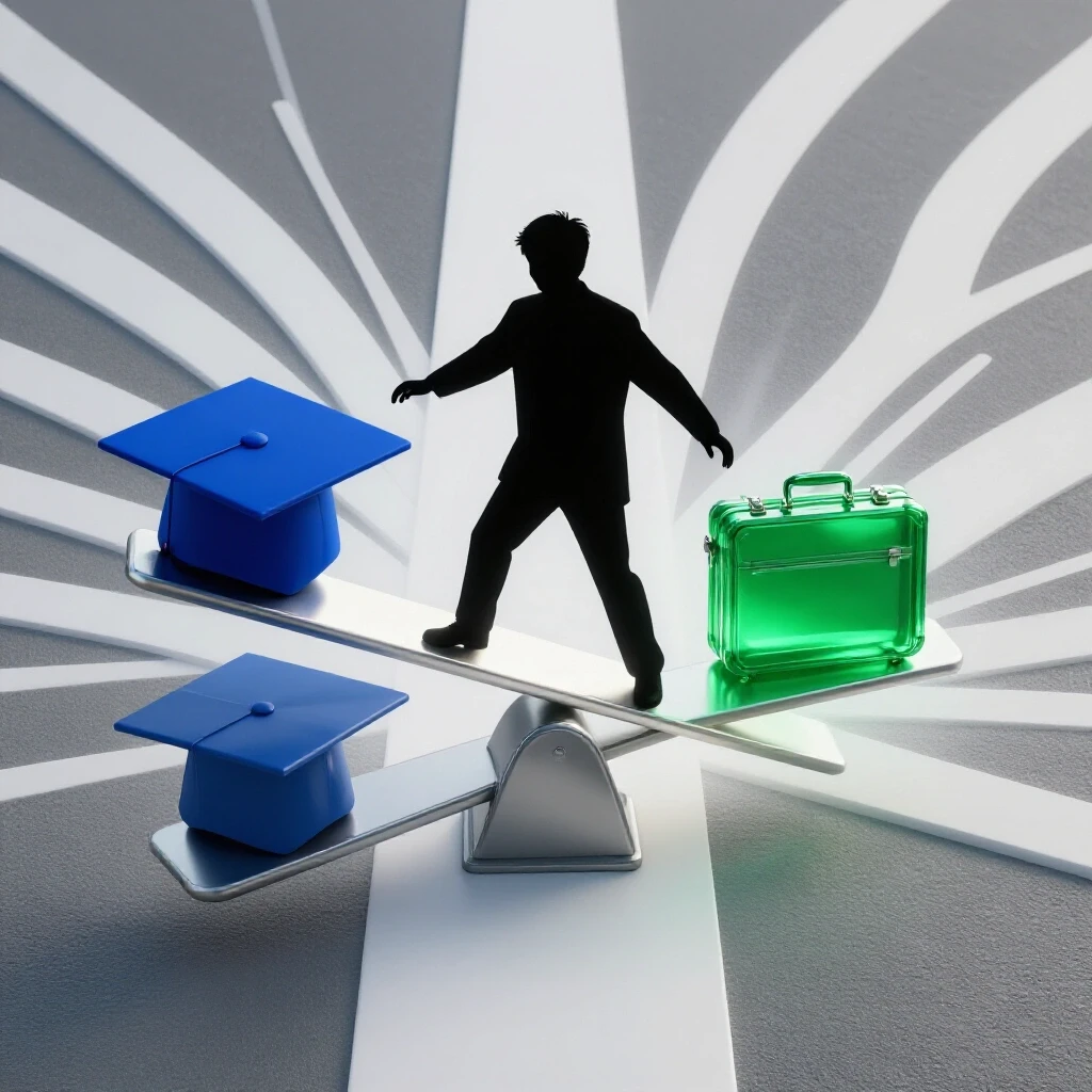 A balancing silhouette stands on a seesaw with a graduation cap on one side and a glowing briefcase on the other, intersecting pathways in the background.