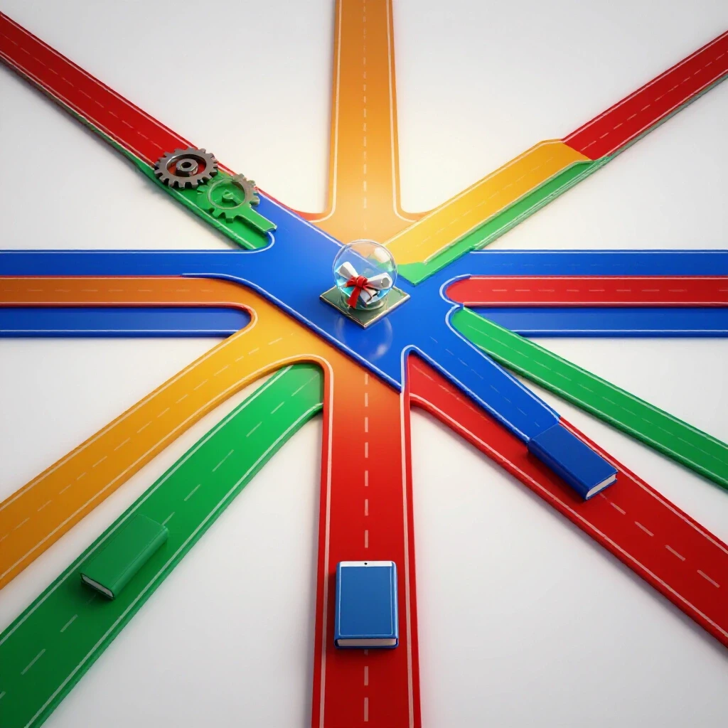 Multiple vibrant, glossy paths branching from a crossroads, each leading toward a radiant horizon with symbols of career education.