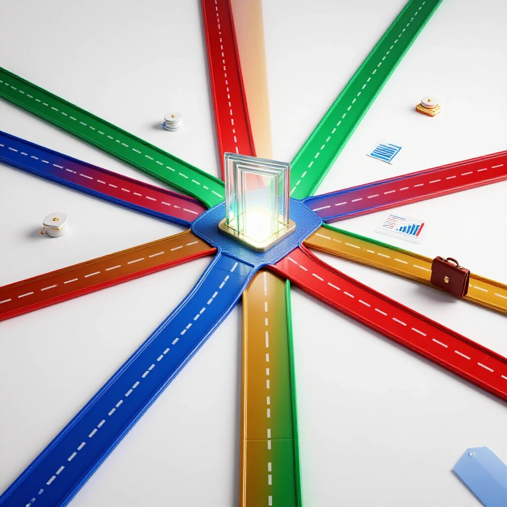 Vivid crossroads with colorful, glossy pathways converging at a radiant gateway amid symbolic career objects.