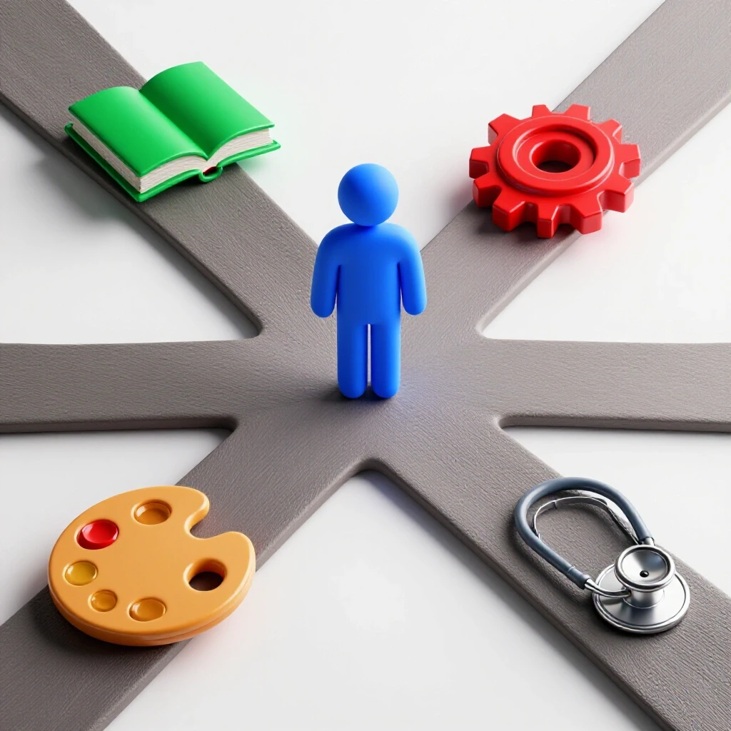 A central student figure at a crossroads with colorful 3D icons representing different career paths on a bright background.