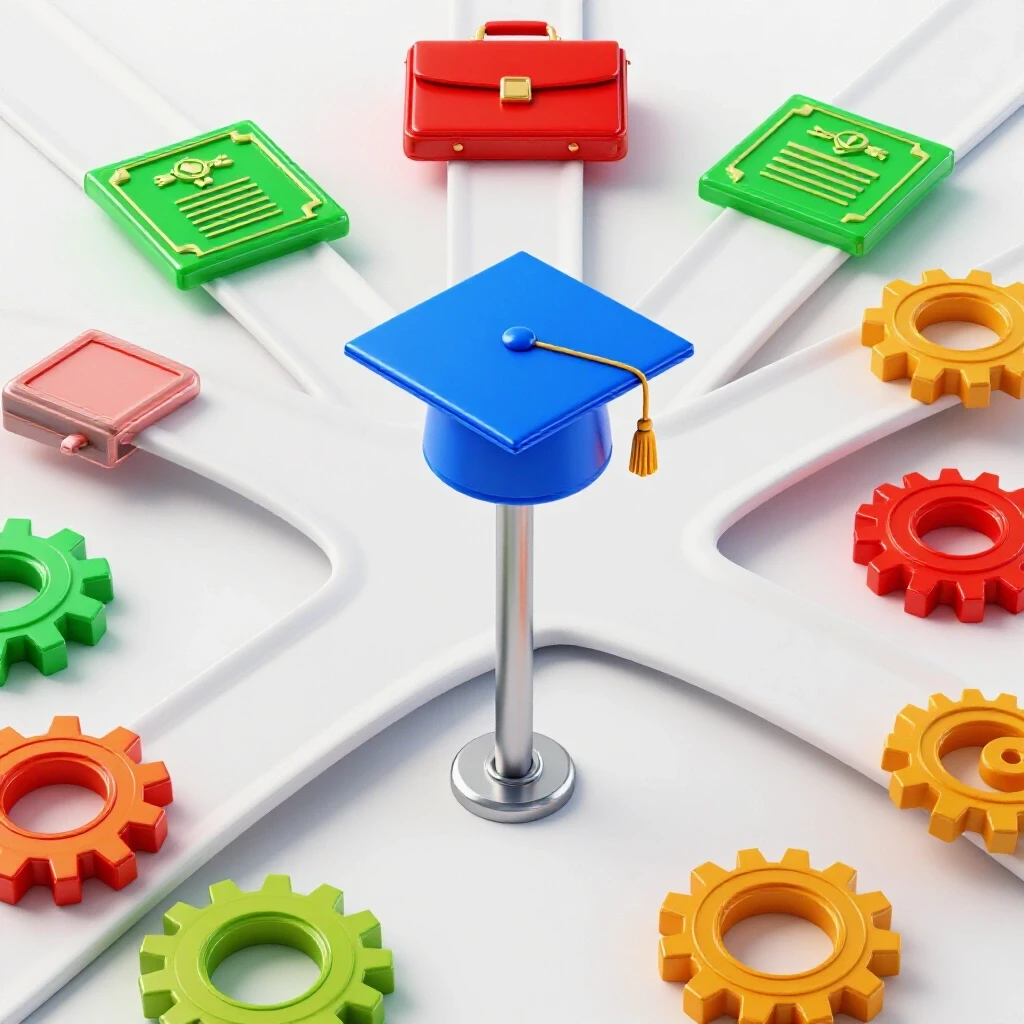 Multiple vibrant paths diverge from a central signpost, each leading to a unique professional symbol on a bright background.