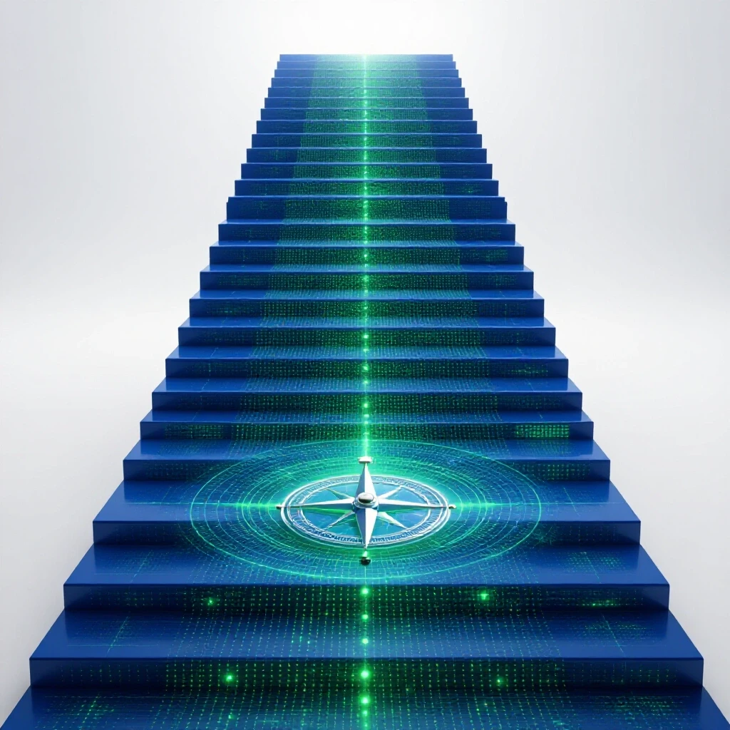 Ascending glowing data staircase with compass on bright white background, symbolizing career growth signals