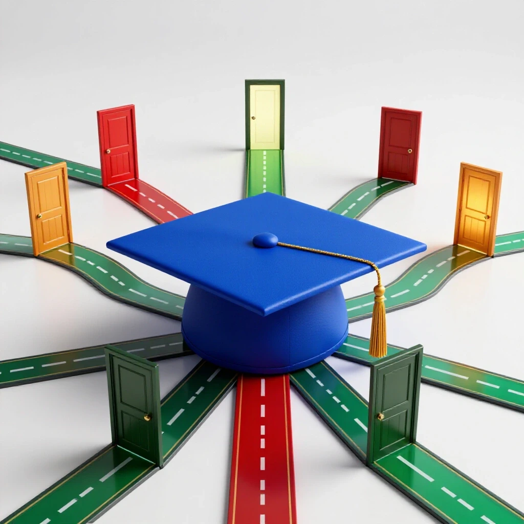 A graduation cap at the center sending out colorful paths to radiant doors, symbolizing education unlocking diverse career opportunities.