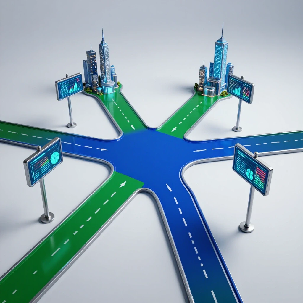 Glossy crossroads with metallic signposts and glowing data charts pointing to futuristic cityscapes, all on a bright background.