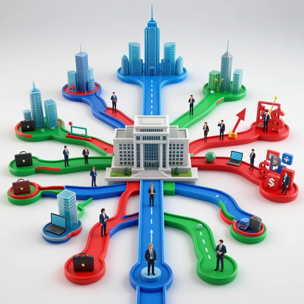 Interconnected bold-colored career pathways branching from a university to city skylines and success symbols