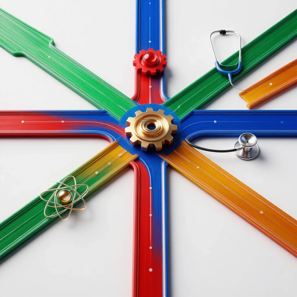 A crossroads with bold, colored paths branching to industry symbols, illuminated on a bright white background.