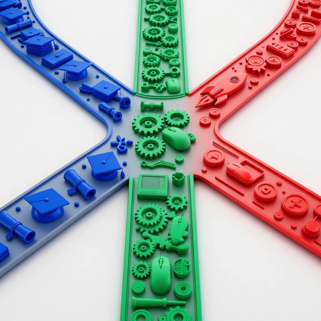 Three colorful career paths crossroad with graduation caps, tech tools, and startup icons on bright background