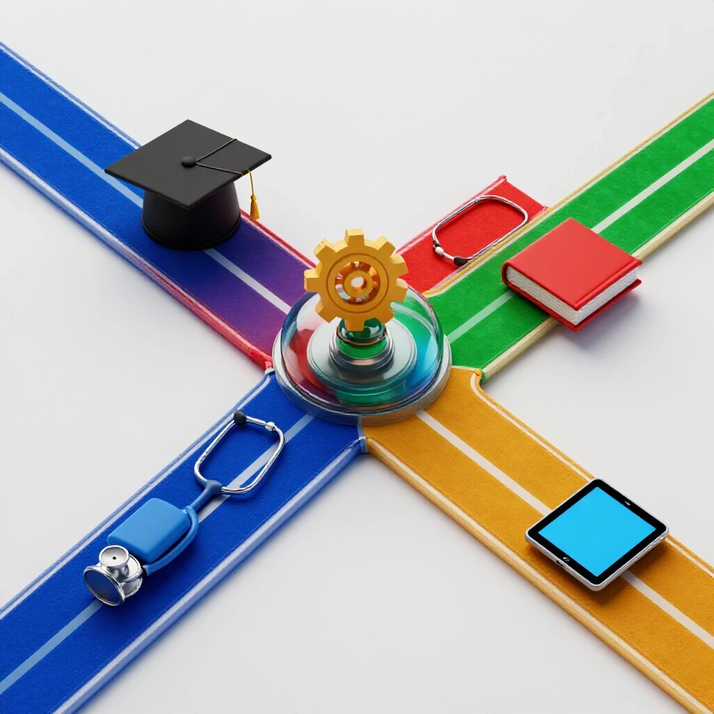 Central 3D crossroads with boldly colored branching pathways, each marked by distinct educational and career symbols on a luminous white studio background.