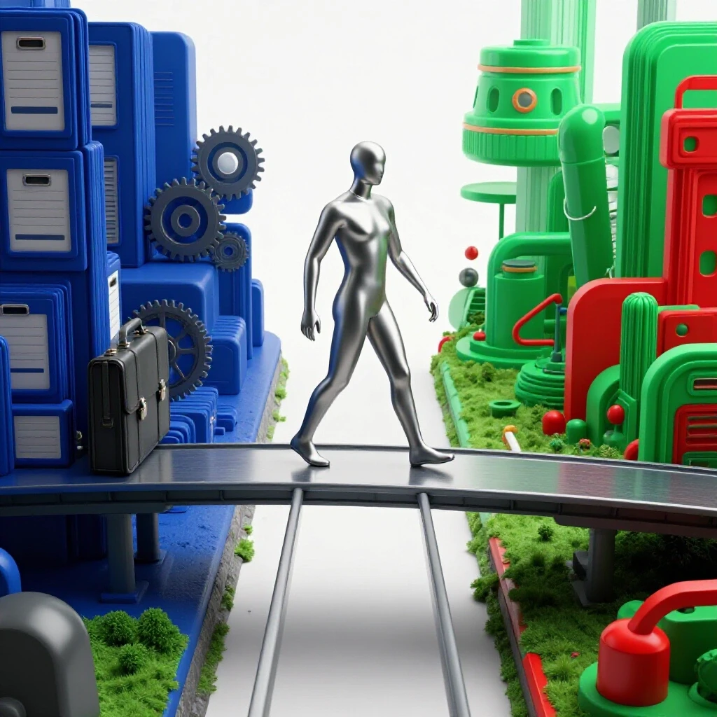 A confident metallic figure walks across a striking bridge linking contrasting career landscapes.