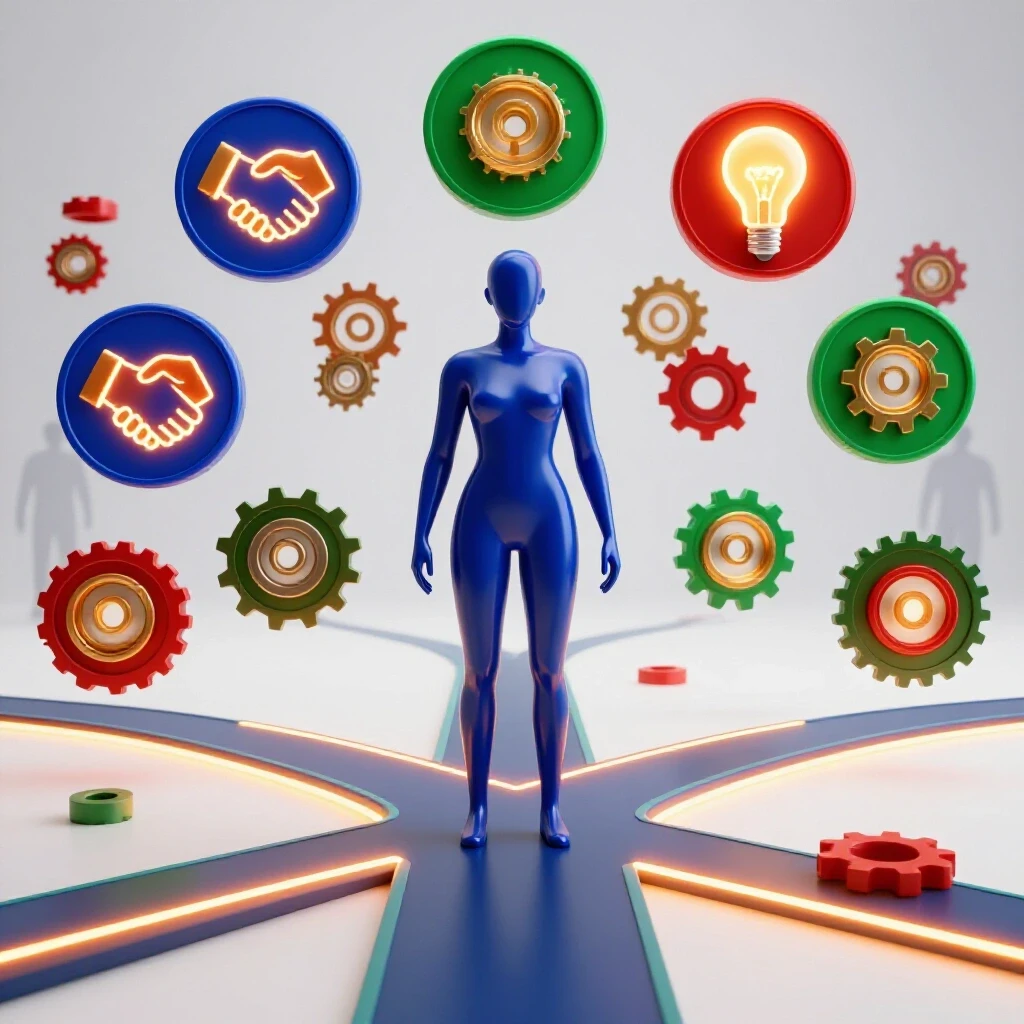 Glossy figure stands at a crossroads with vibrant icons of handshake, gears, and lightbulb, symbolizing career readiness skills, against a clean, luminous background with muted silhouettes in the distance.