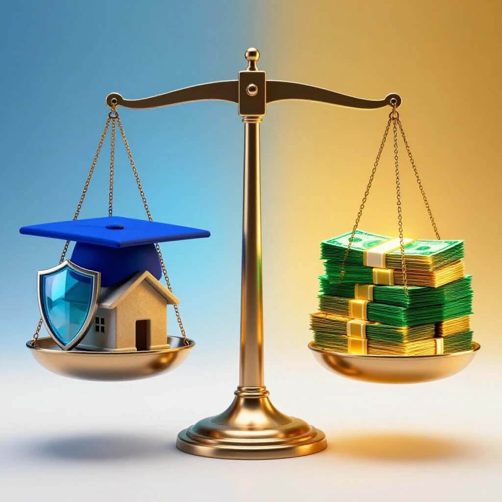 Balanced scale with graduation cap and stability symbols on one side, glowing stack of cash on the other, set against a luminous blue and gold split background.