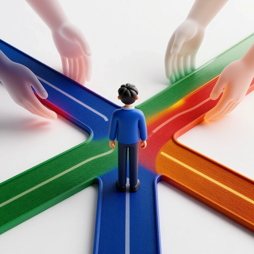 Confident student figure at the center of crossroads with four vibrant pathways, each guided by supportive hands.