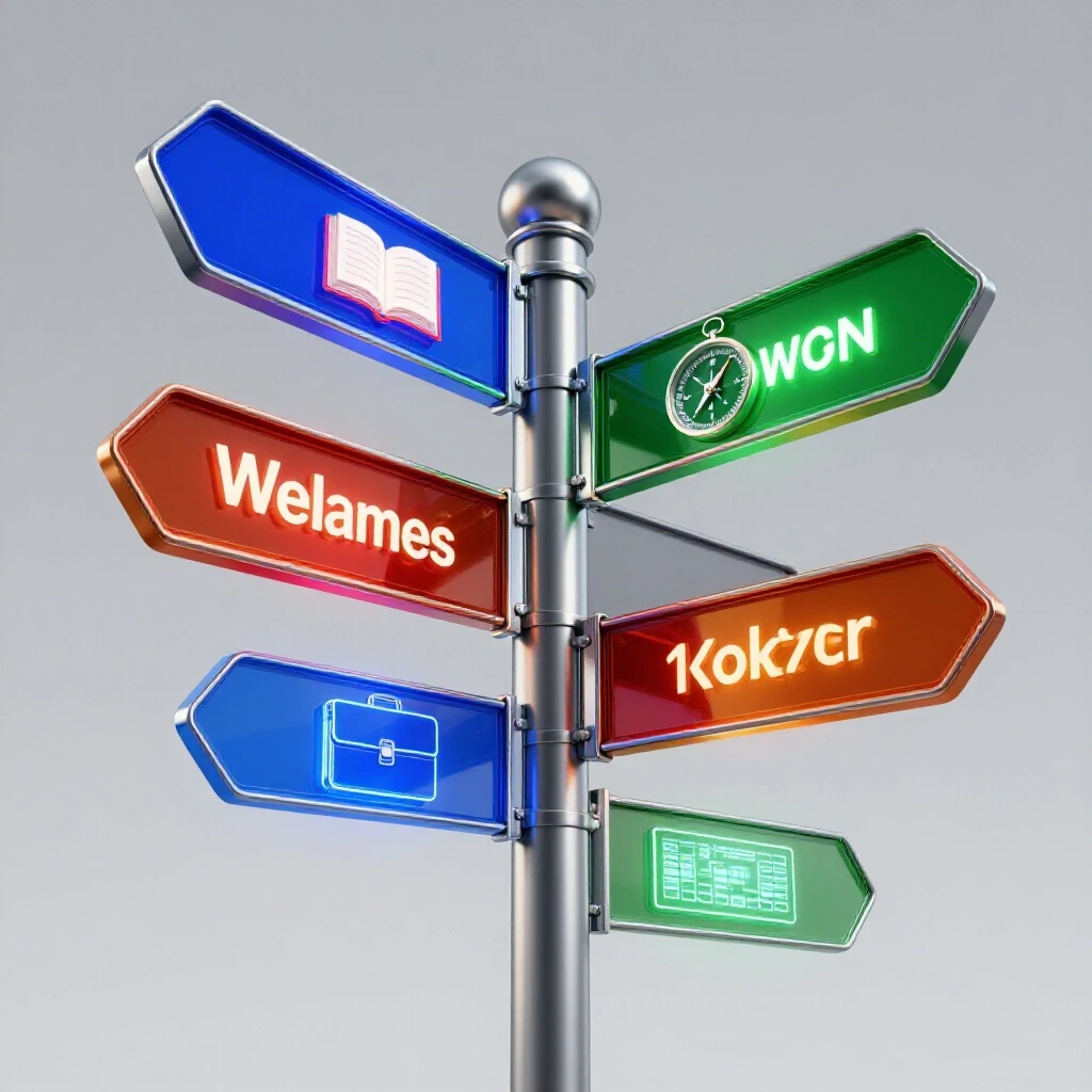 Central crossroads sign with four brightly colored symbols and glowing paths on a luminous light background.