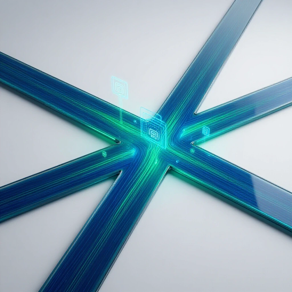 Center-focused crossroads with diverging paths; one glowing with AI icons and data, the other fading away.